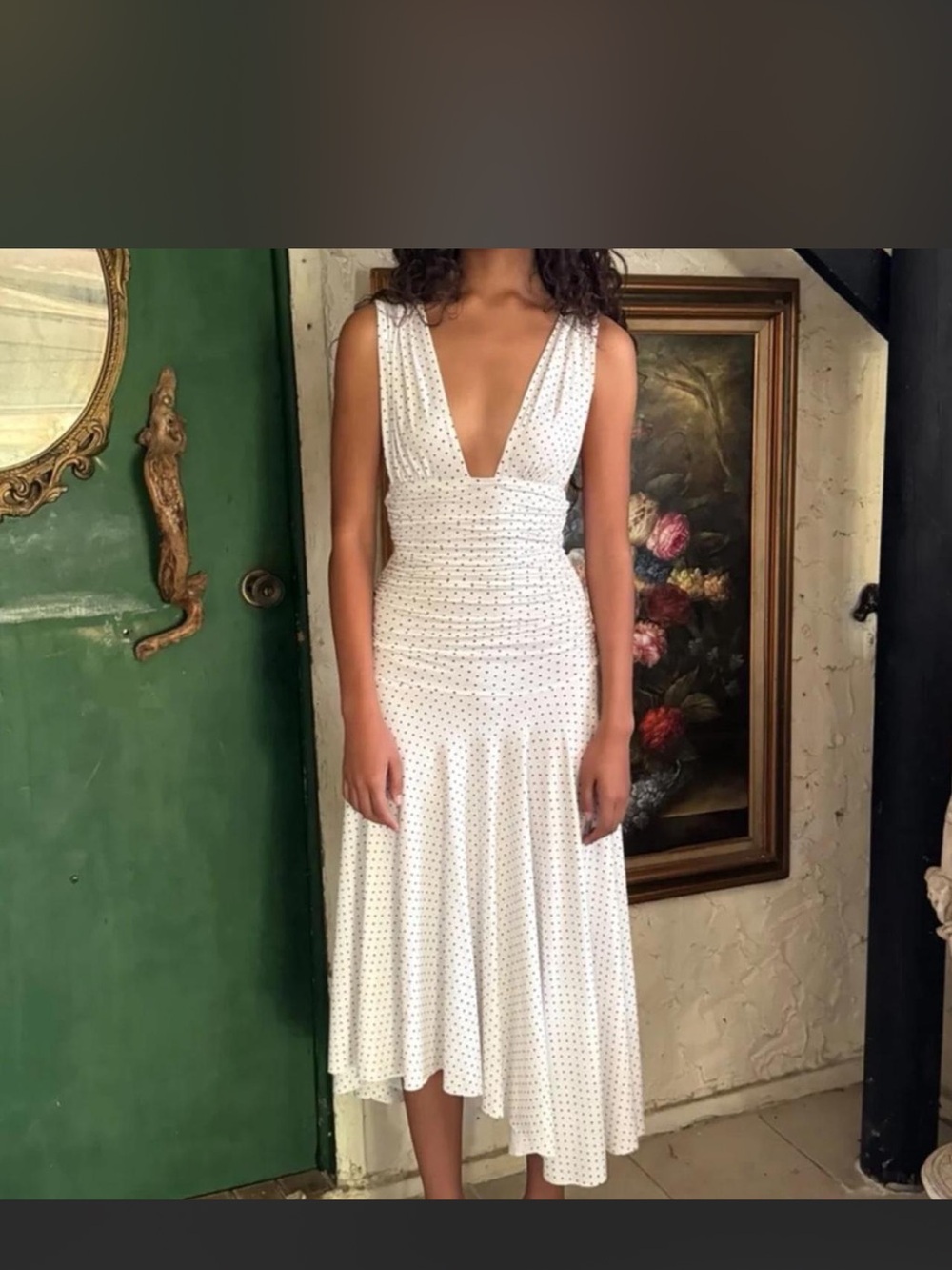 White Polka Dot V-Neck Midi Dress with Fitted Waist